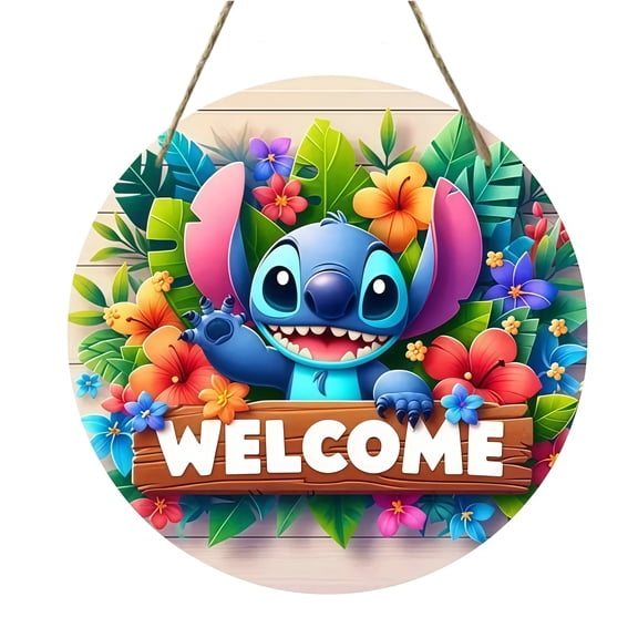 Cute Alien Experiment Welcome Sign – Round Wooden Hanging Wall Plaque with "Ohana" Family Quote for Home Decoration, Porch, Entryway, Indoor & Outdoor Use