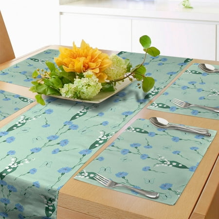 

Floral Table Runner & Placemats Cornflowers Field in Flourish Butterflies Flying Pastel Bloom Buds Set for Dining Table Decor Placemat 4 pcs + Runner 14 x90 Mint Green Azure Blue by Ambesonne