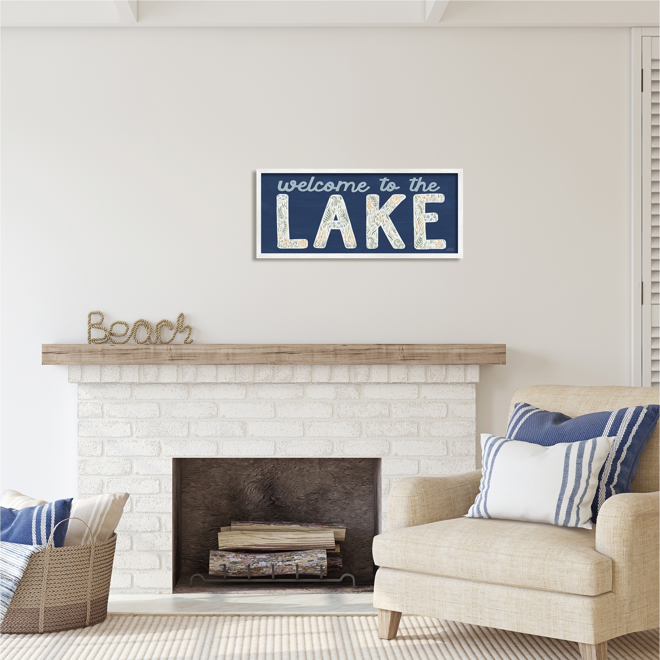 Stupell Industries Welcome Lake Floral Phrase Botanical & Floral Painting White Framed Art Print Wall Art, 30 x 13