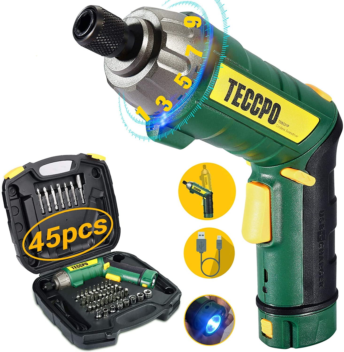 TECCPO 6Nm Cordless Electric Screwdriver 45pcs, 9+1 Torque Gears, Adjustable Handle, 4V, Green TDSC01P