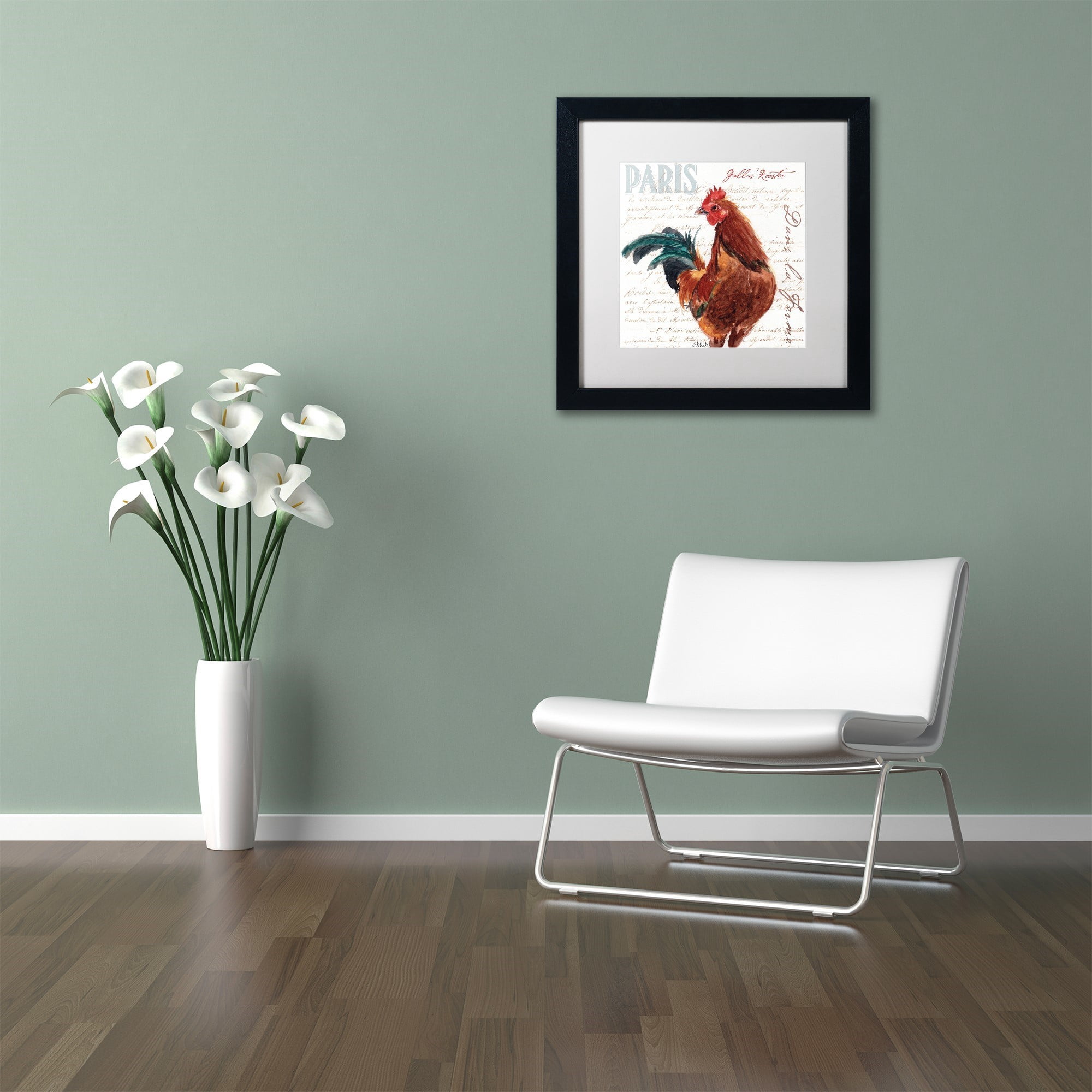 "Dans la Ferme Rooster II" Canvas Art by Jennifer Redstreake White Matte, Black Frame