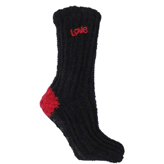 Women's Non-Skid Warm Soft and Fuzzy Lavender Infused Slouch Slipper Socks, Love, Red on Black
