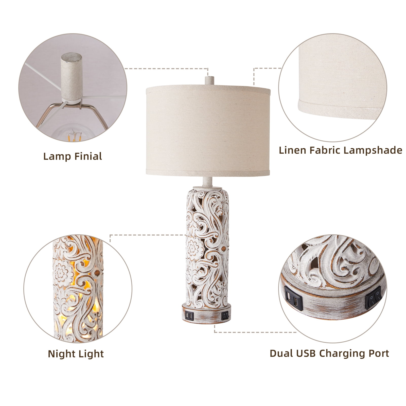 RORIA 25" Country Style Table Lamps Set of 2，for Living Room Bedroom Nightstand, Hollow Resin Farmhouse Vintage Bedside Lamp with 2 USB Ports with Night Light, LED Bulb Included