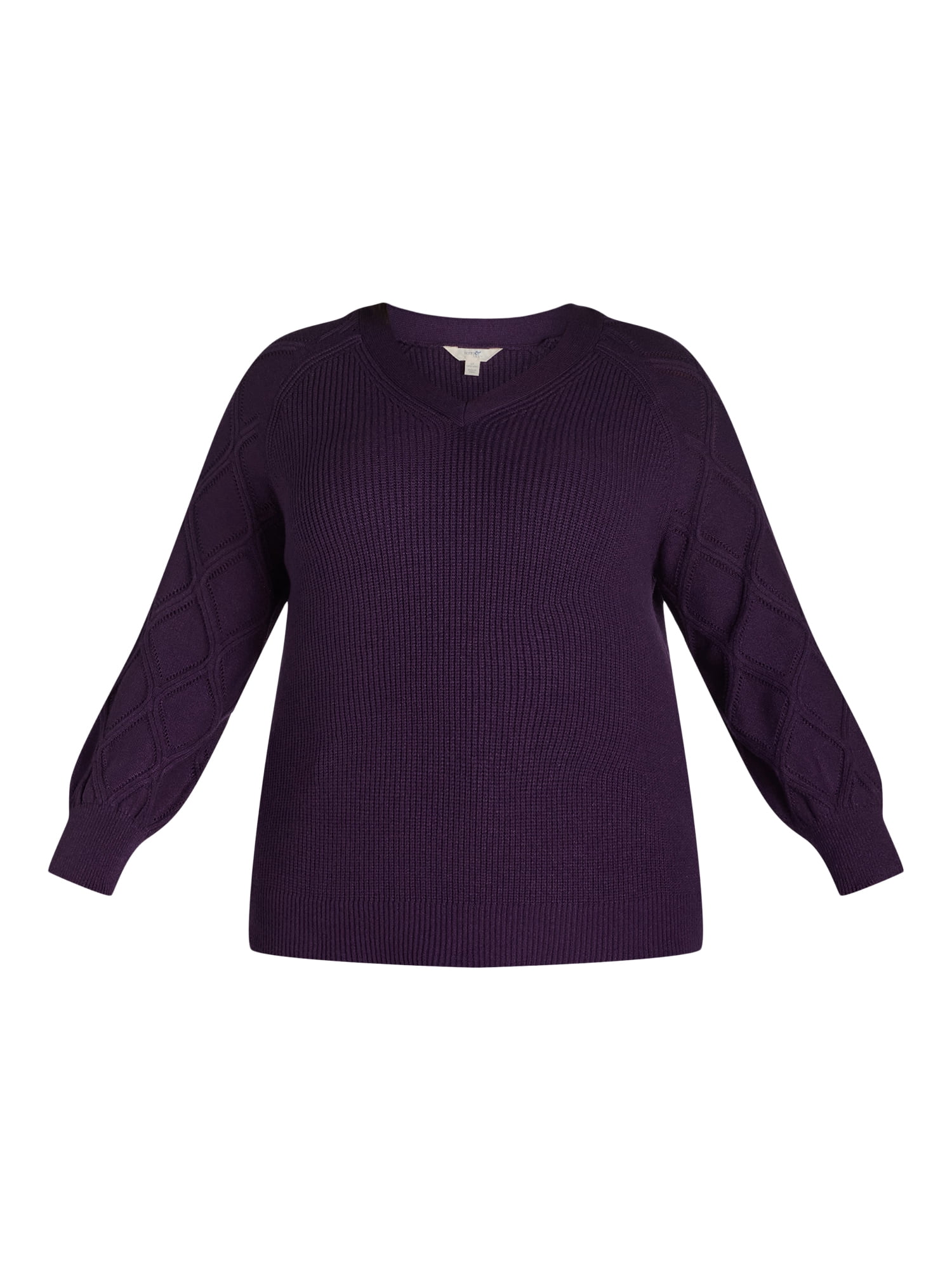 Terra & Sky Women's Plus V-Neck Pointelle Knit Sweater, Midweight, Sizes 1X-5X