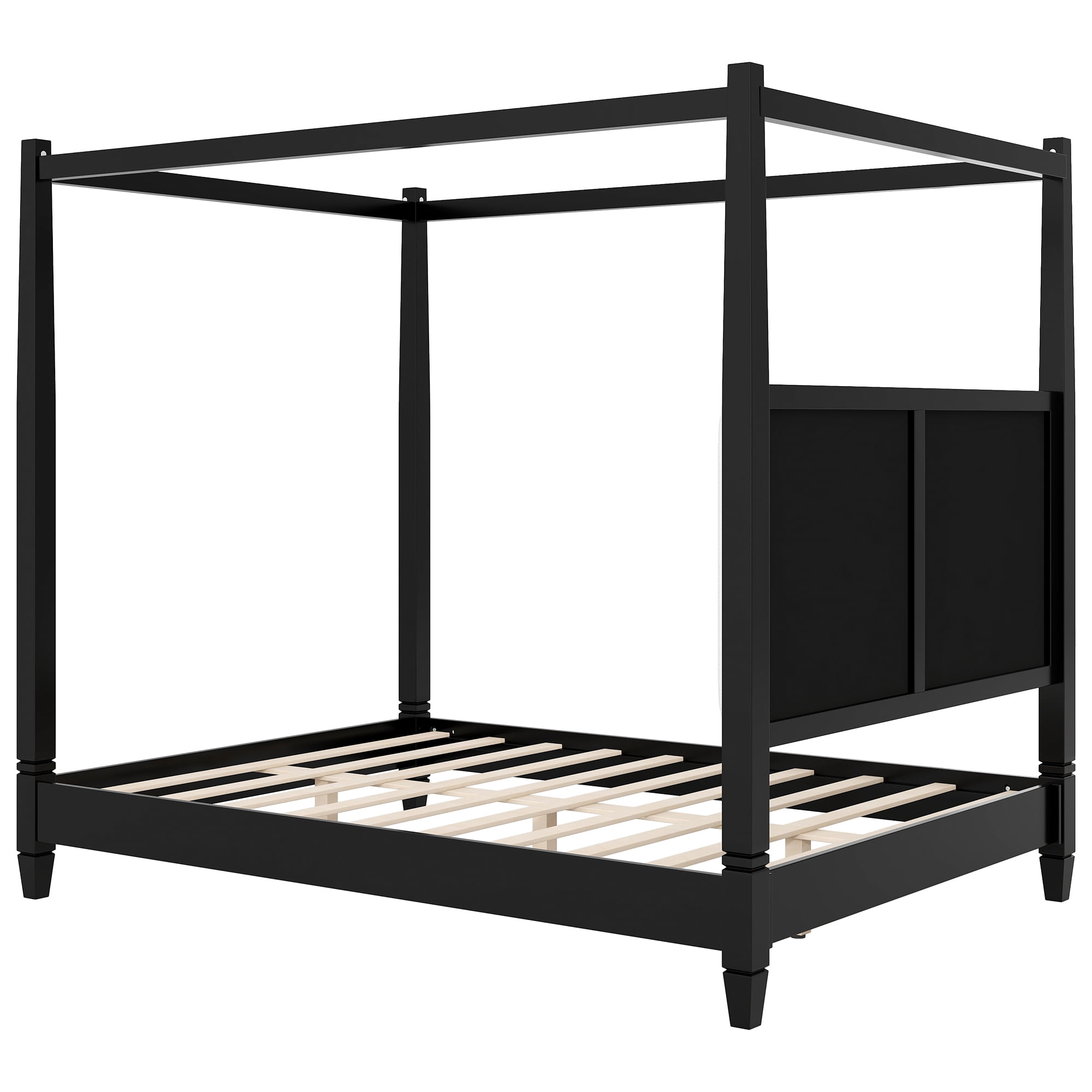 Euroco Wood Queen Size Canopy Platform Bed with Upholstery Headboard, Black