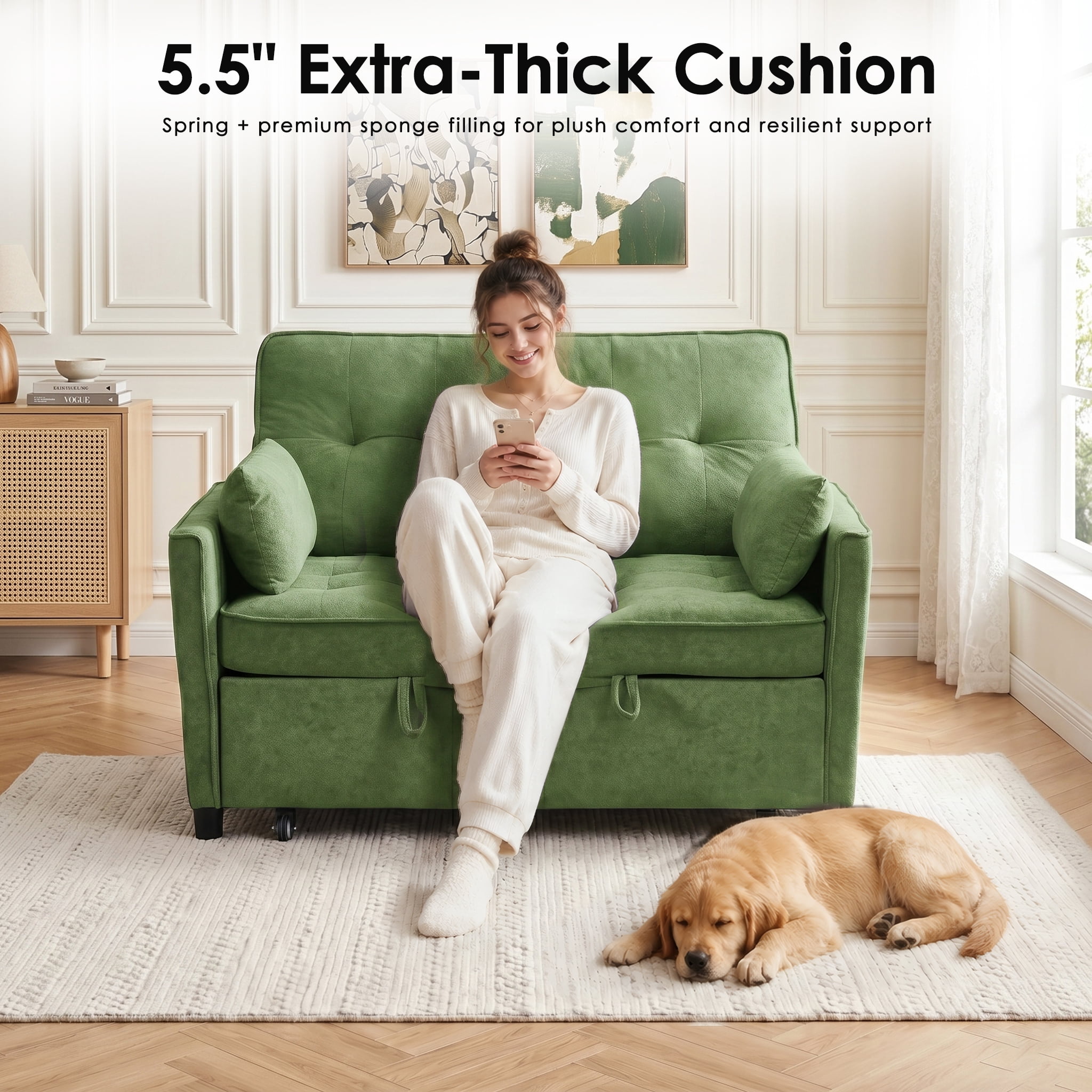 avobird 54'' 3 in 1 Pull Out Sofa Bed, Convertible Couch with Adjustable Backrest/Side Pockets/USB Charging Ports, Sleeper Sofa for Living Room, Green
