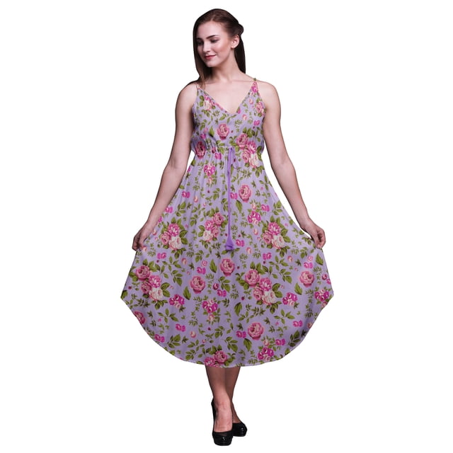 Bimba Robe à Imprimé Floral pour Femmes Bretelles Spaghetti Col en V Midi Tenue de Plage-TTTG