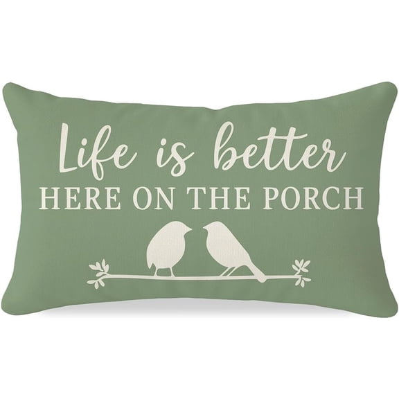 12x20 Throw Pillow Cover, Life is Better Here on the Porch, Spring Garden Cottage Front Porch Decor and Decorations, Outdoor Lumbar Pillow Cover for Patio Sofa and Bench, Sage Green