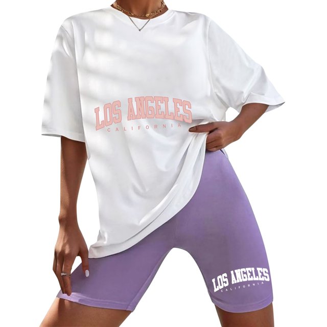 MKLEKYY Conjunto De Dos Piezas De Moda Para Mujer, Pantalones Cortos Deportivos De Manga Corta Con Cuello Redondo