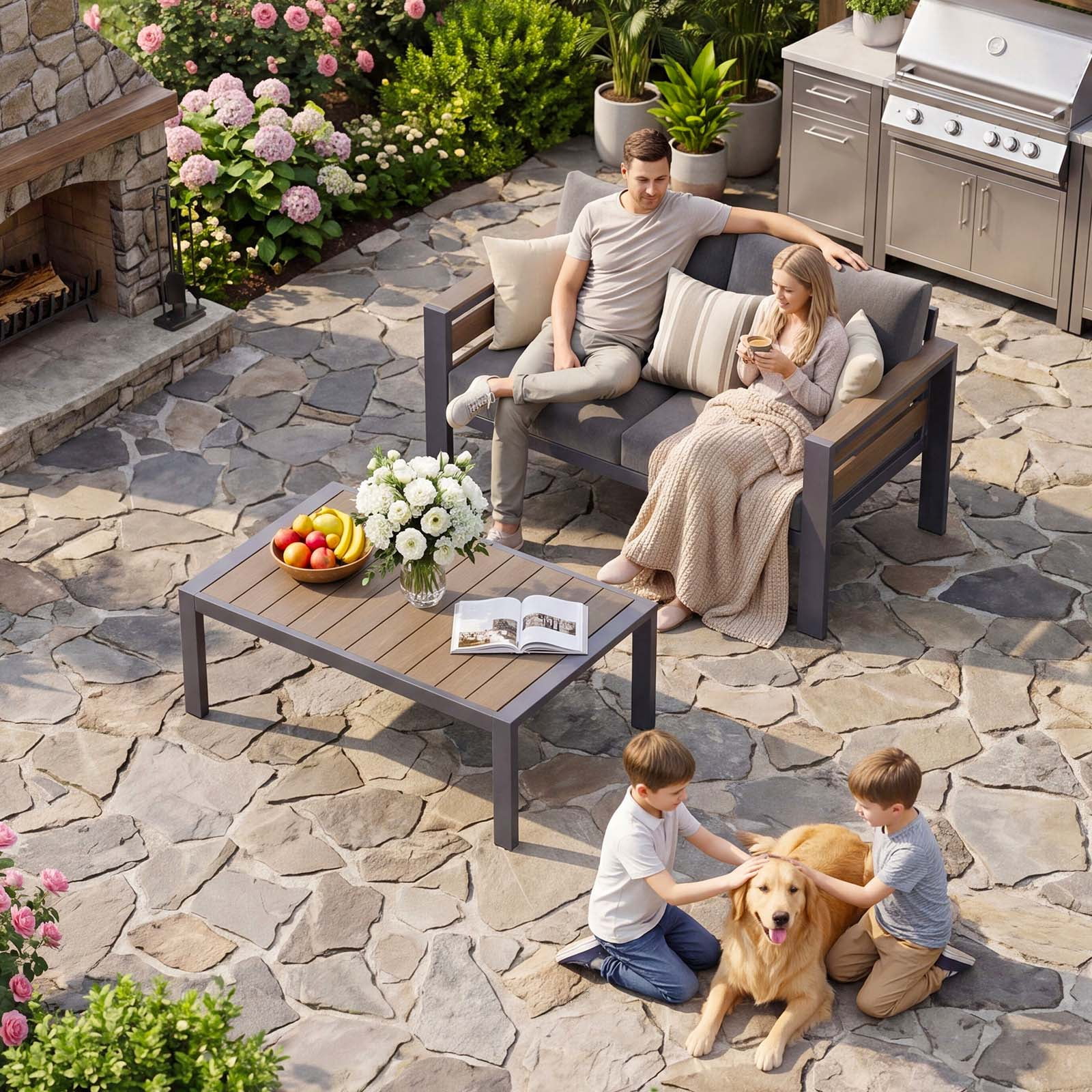 ABORON Patio Furniture Set, Patio Conversation Sets Sectional Sofa with 27" Deep Seating, 2-Seater Outdoor Patio Furniture Set w/ Coffee Table and All-Weather Thick Cushion, Easy Assembly