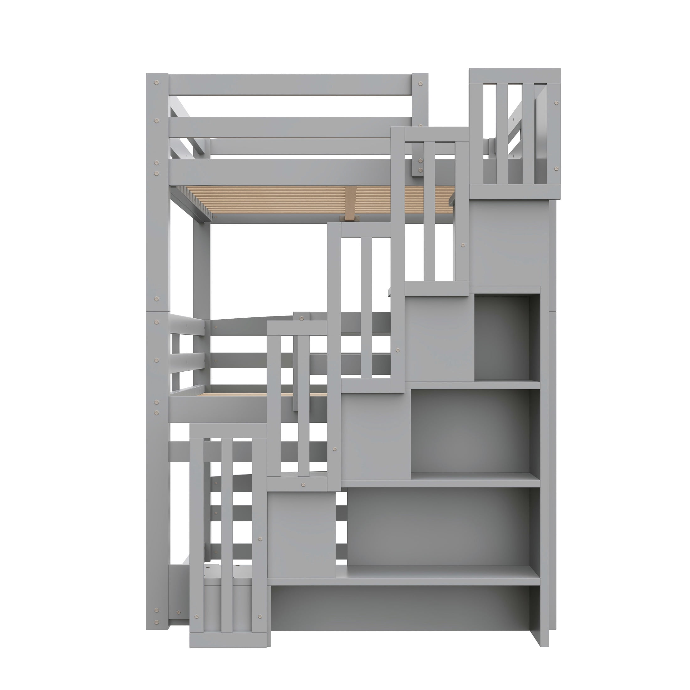 Noble House Full Size Triple Bunk Bed with Storage Staircase, Modern Convertible 3-in-1 Design, Space Saving, Gray