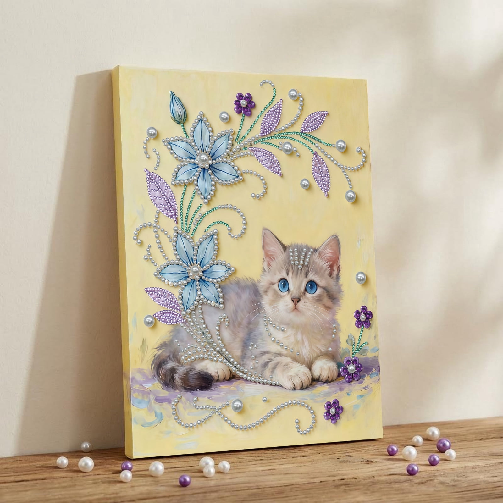FLOPESN DIY Gemstone Pearl Diamond Art Painting Kit with Frame, 11.81x15.75in Colored Canvas, Home Decor Display for Tabletop and Wall -Cat