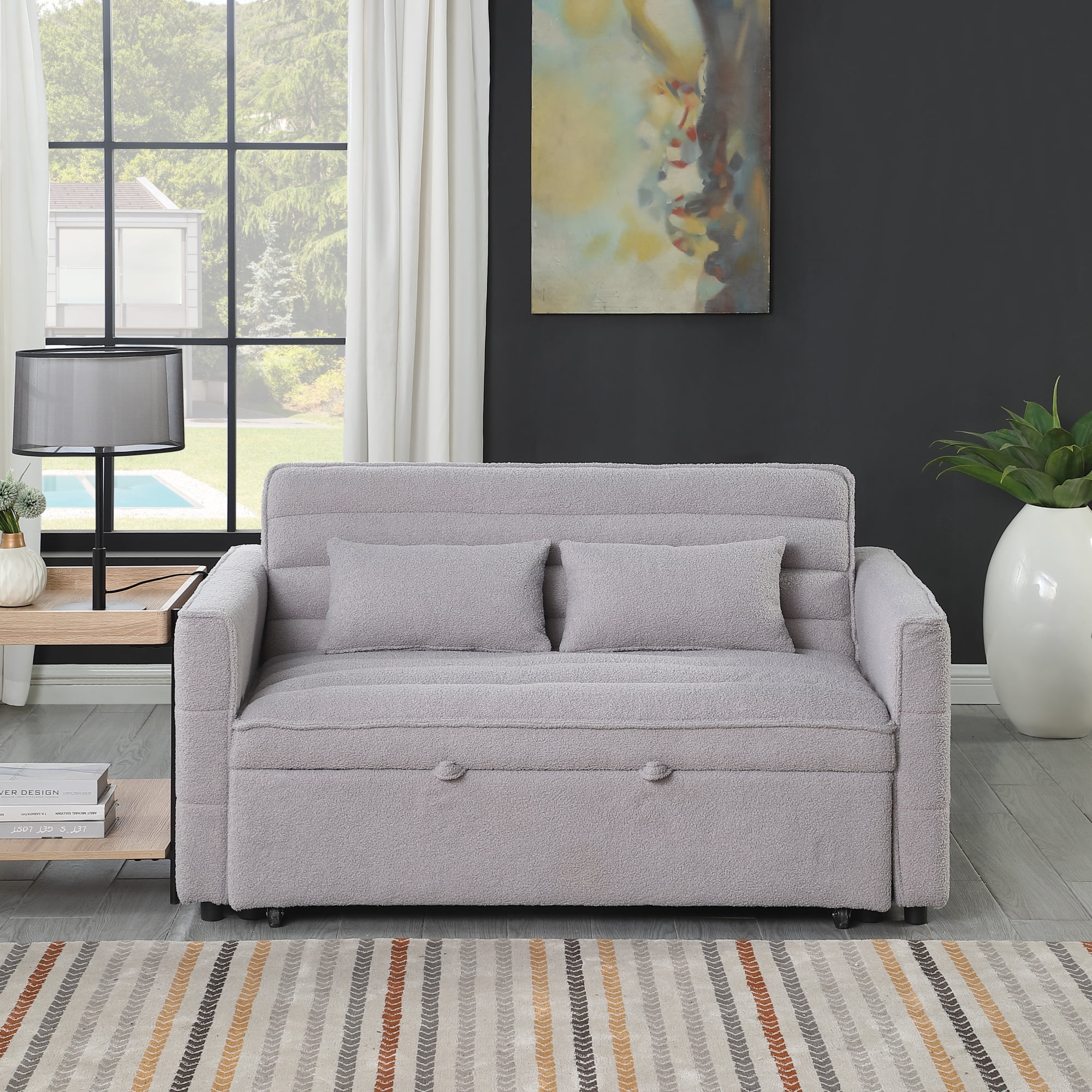 55" Convertible Sleeper Sofa Bed,Modern Boucle 3 in 1 Sleeper Sofa Couch Bed with 2 Pillows and Adjustable Backrest,2-Sater Sofa for Living Room, Bedroom,Light Gray