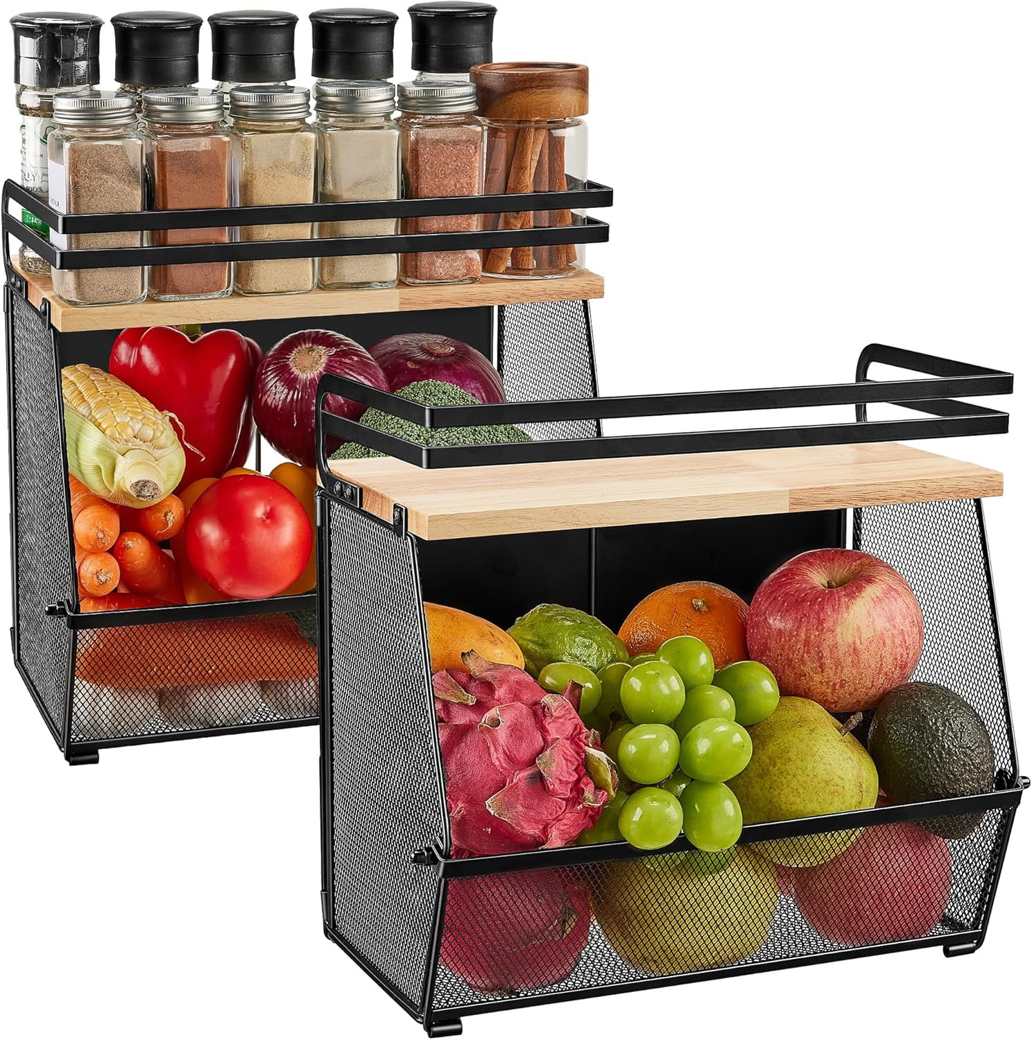 2 Pack Magnetic Shelf for Fridge with Wood Lid, Large Container Magnetic Fruit Basket Spice Rack, Potato Onion Storage Organizer Magnetics Shelves for Refrigerator, Kitchen Counter, Pantry