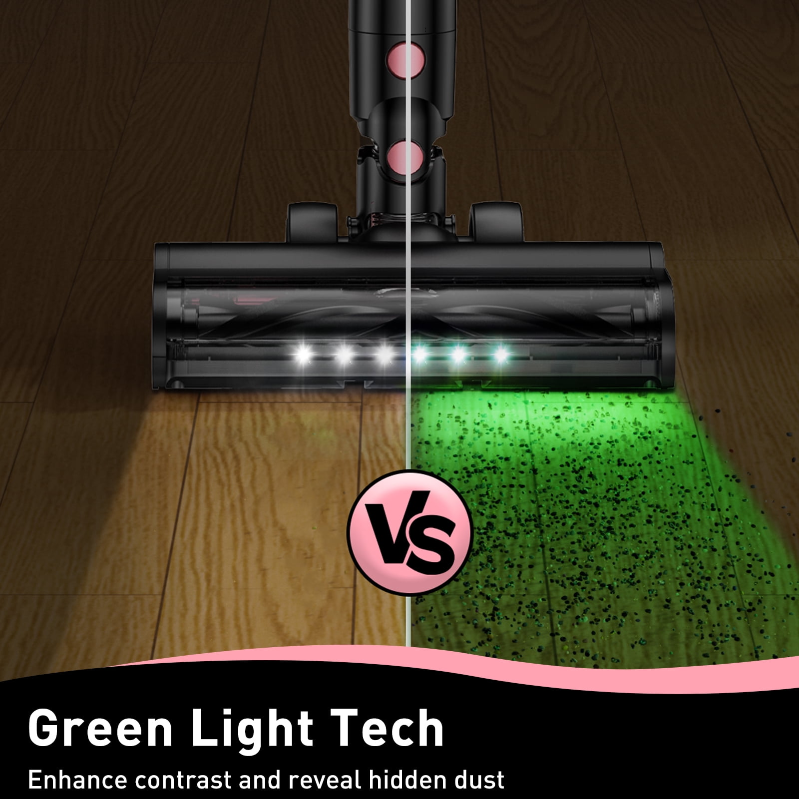A27 Cordless Vacuum Cleaner, Stick Vacuum with Powerful Suction, Hose, Green LED Light, Anti-Tangle Brush, Lightweight Rechargeable Vacuum Cleaner for Home, Hardwood Floors, Carpets,Pink