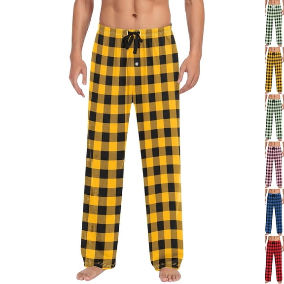 Mens Pajama Pants Lightweight Drawstring Waist Buffalo Plaid Pj Pants Checkered Sleep Lounge Pant with Pockets Gold S