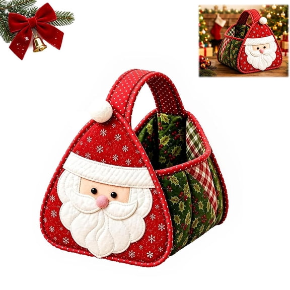 Christmas Character Quilted Carry Basket, DIY Fabric Christmas Storage Basket, Patchwork Holiday Tote for Christmas Decor, Christmas Tree Gift Holder