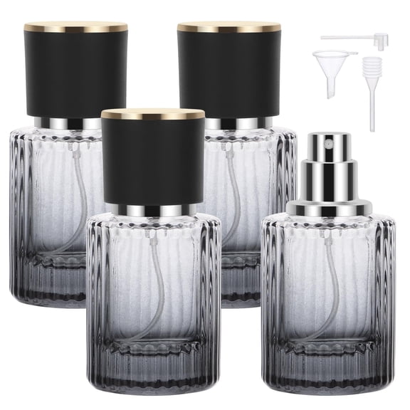 4 Pack Vertical Striped Glass Perfume Spray Bottles, Refillable Empty Fine Mist Perfume Spray Bottles with Funnel Tool, Portable Travel Cosmetic Atomizer for Fragrance Makeup Essential Oil Storage