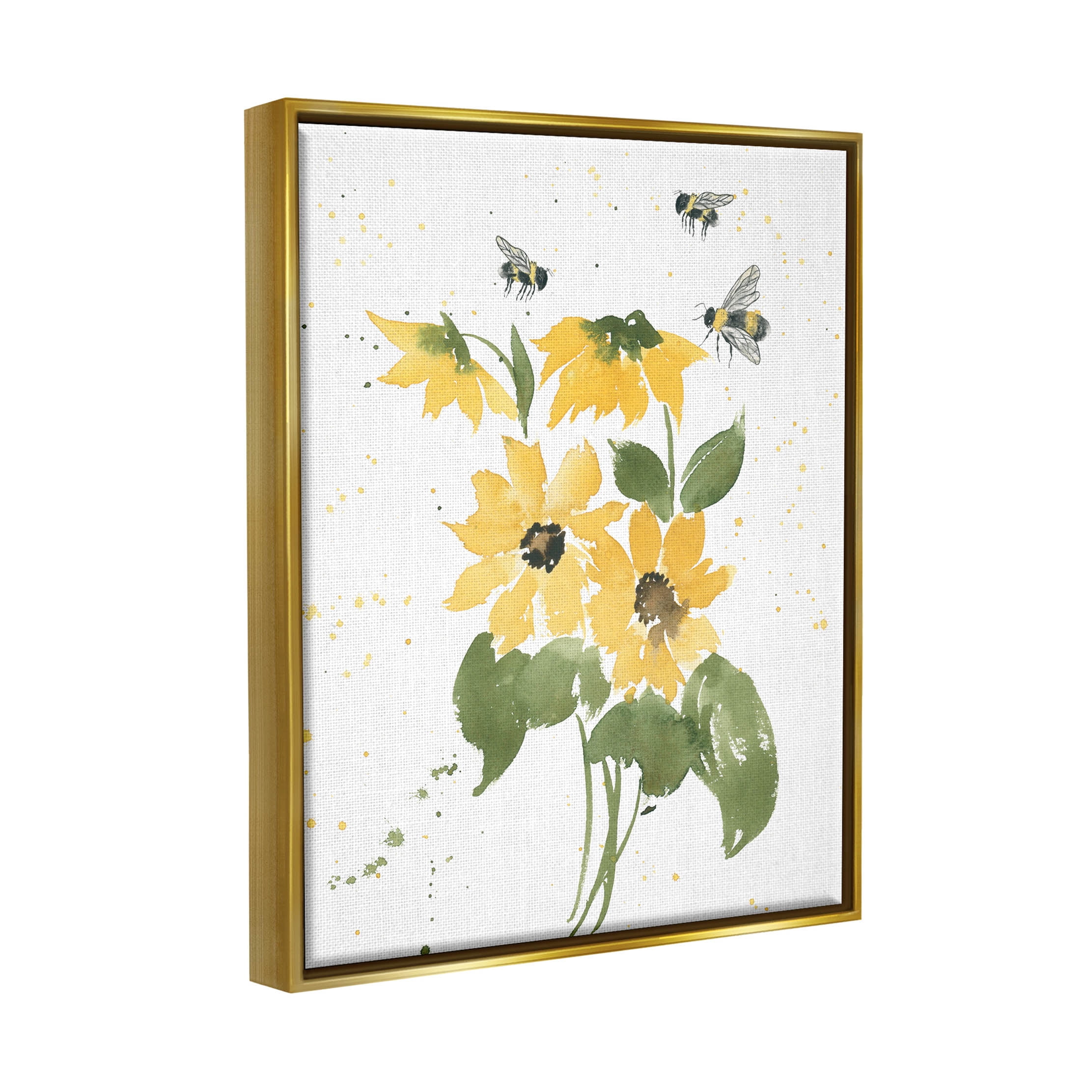 Stupell Industries Buzzing Bees Flower Blossom Graphic Art Metallic Gold Floating Framed Canvas Print Wall Art, Design by Lucille Price