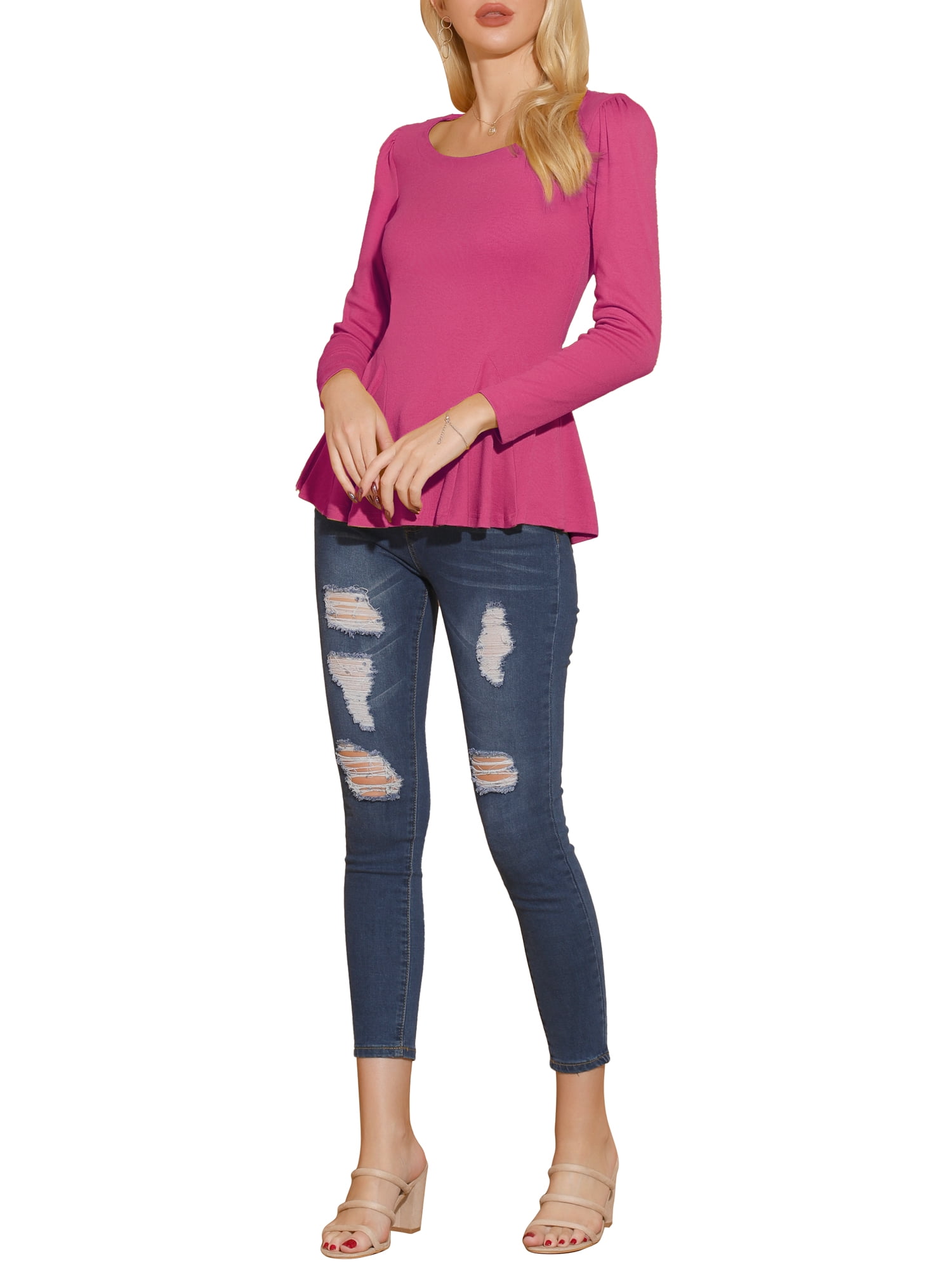 DARING DIVA Women's Long Sleeve Scoop Neck Top S Magenta