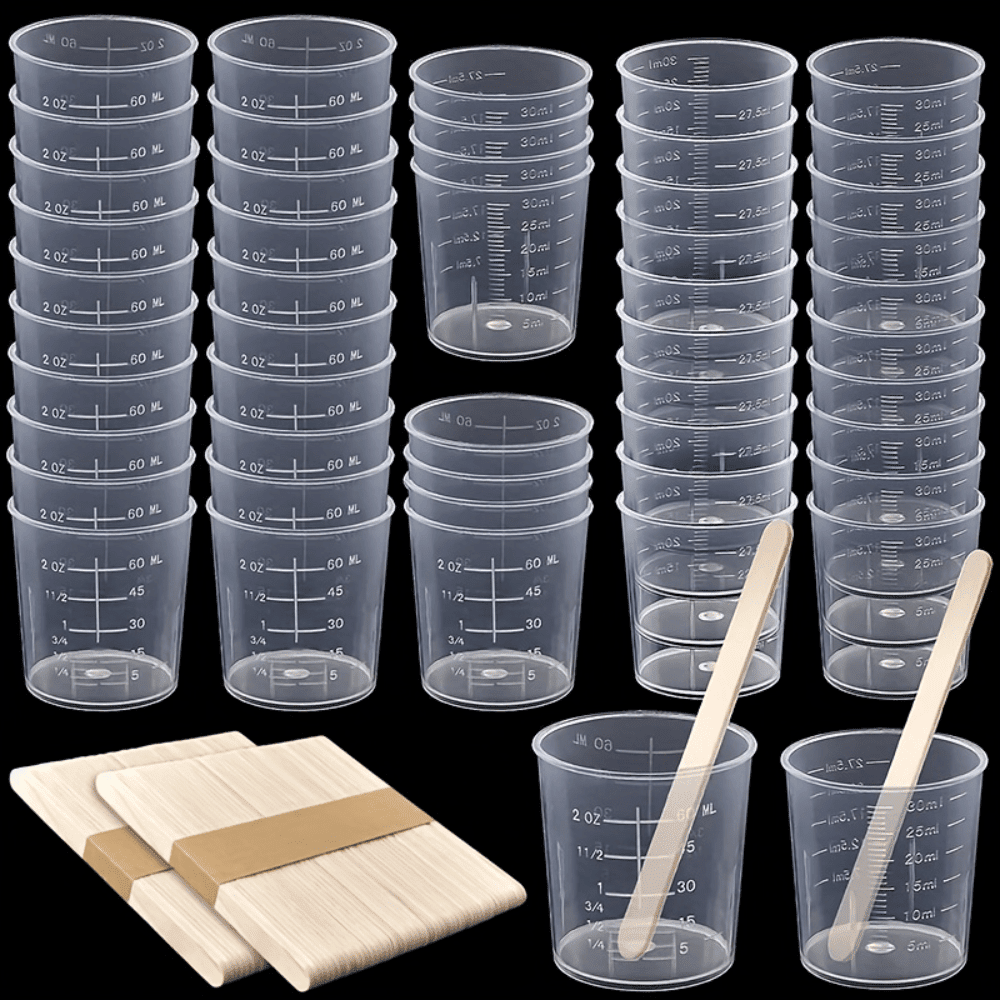 150Pcs Plastic Measuring Cups Set, 25Pcs 60ml/2oz and 25Pcs 30ml/1oz, Graduated Scale Cups with 100 Stir Sticks for Mixing Paint, Stains, Epoxy Resin