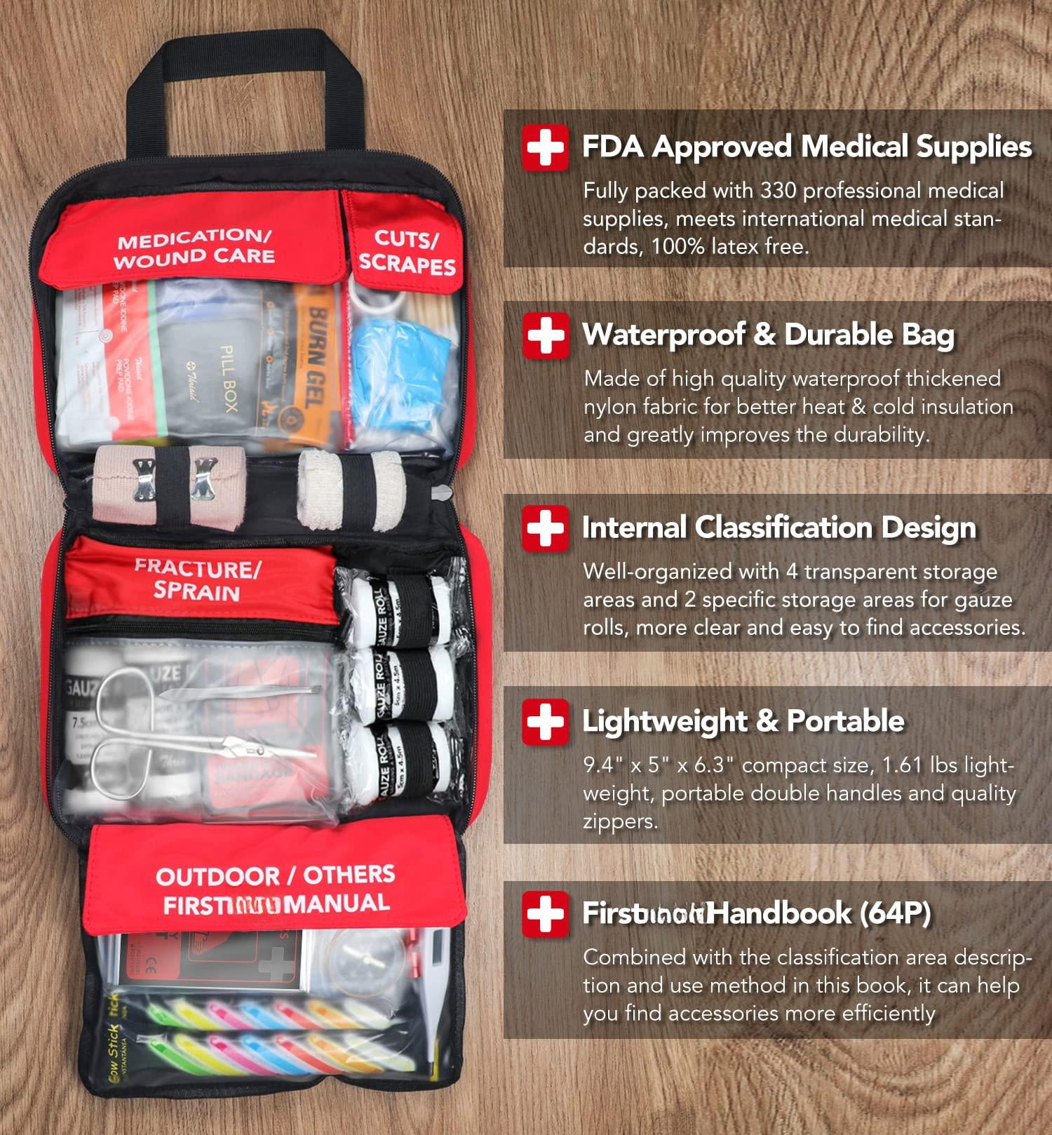 330 Piece First Aid Kit  Waterproof Compact Trauma Kits For Any Emergencies Ideal Home Office Car Travel Outdoor Camping Hiking Boating (red)