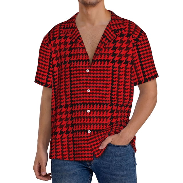 Fotbe Red Black Houndstooth Camisa Estampada de Manga Corta para Hombre, Casual de Verano, Estilo Playero, Sin Arrugas-Small