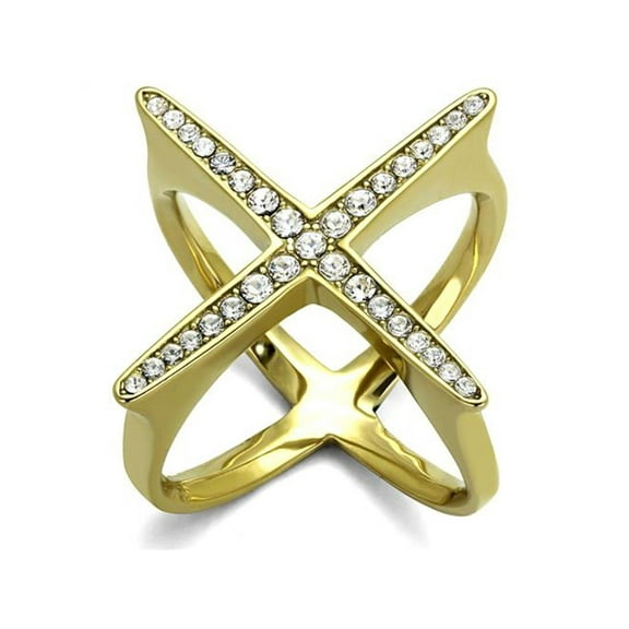 14K Gold Ion Plated Stainless Steel X Shaped Crystal Fashion Ring Womens Size 10