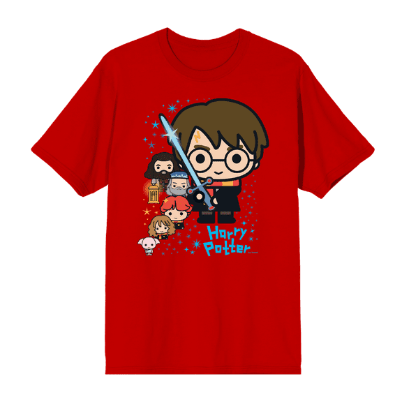 Harry Potter Chibi Characters & Glowing Sword Crew Neck Short Sleeve Men's T-shirt-Small