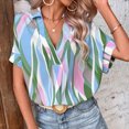 thumbnail image 3 of Camisas de manga corta con cuello en V para mujer, camisetas holgadas de manga corta con ala de murciélago y estampado a rayas de Color en contraste a la moda de verano, azul pavo real M, 3 of 6