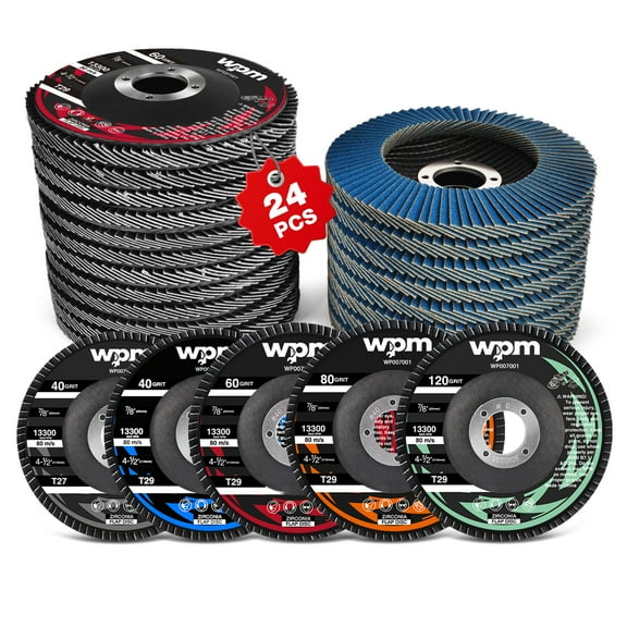 WPM 24-Pack 4 1/2  Flap Disc, Zirconia Grinding Wheel 40/60/80/120 Grit T29 & 40 Grit T27 with Etched Grit Number Indication, Angle Grinder Abrasive Sanding Disc in 80pcs Emery Cloth