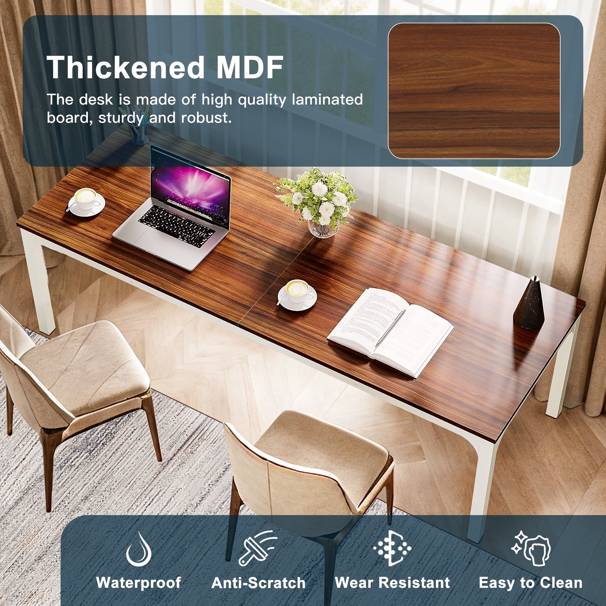 Demi Bonn 78" Farmhouse Dining Table, Wood Rustic Kitchen Table for 8 People, Large Rectangular Dinner Table for Dining Room, Home Office, Living Room Furniture, Brown & White