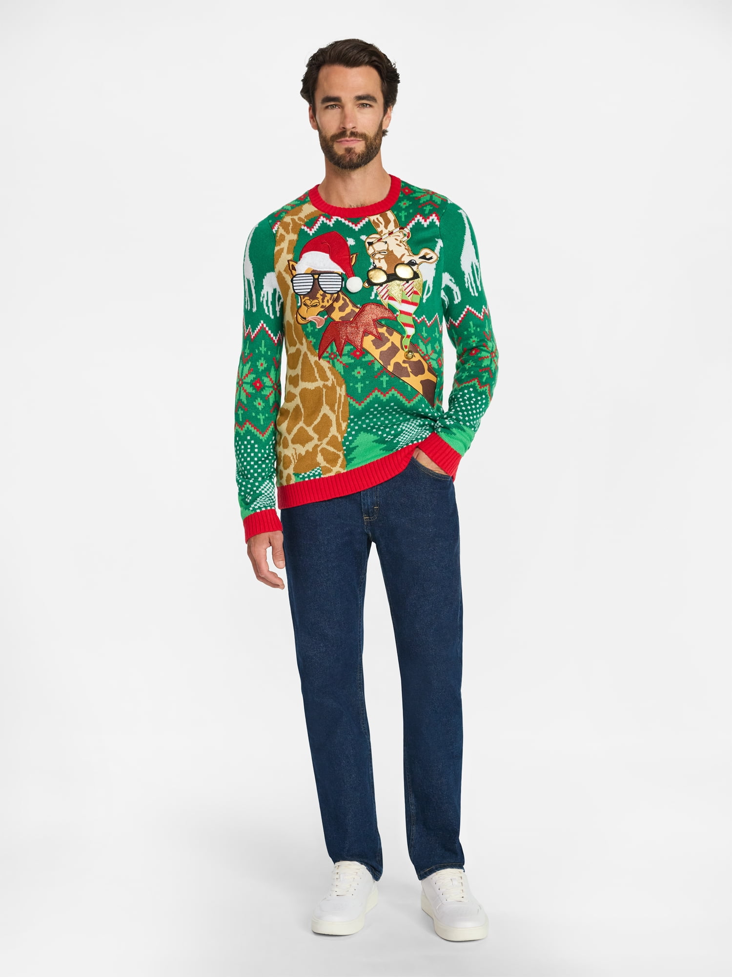 Jolly Sweaters Men's and Big Men's Two Giraffes Holiday Ugly Christmas Sweater, Sizes S- 3XL