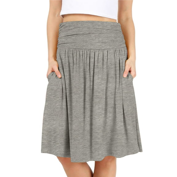 Simlu Womens Regular and Plus Size Skirt with Pockets Below The Knee Length Ruched Flowy Skirt Midi Skirt For Women