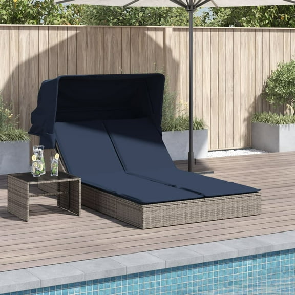 vidaXL Double Sun Lounger with Canopy and Cushions Gray Poly Rattan