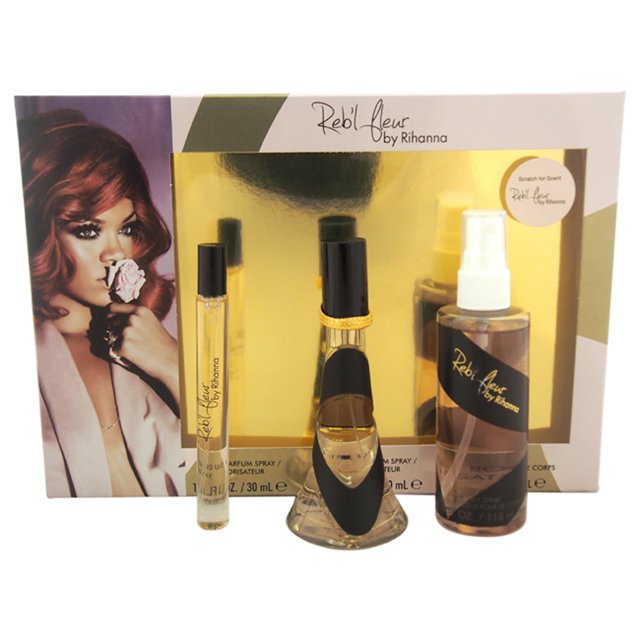 Juego de regalo de 3 piezas Rebl Fleur de Rihanna para mujer spray EDP 1 oz spray EDP 0,34 oz spray corporal 4 oz
