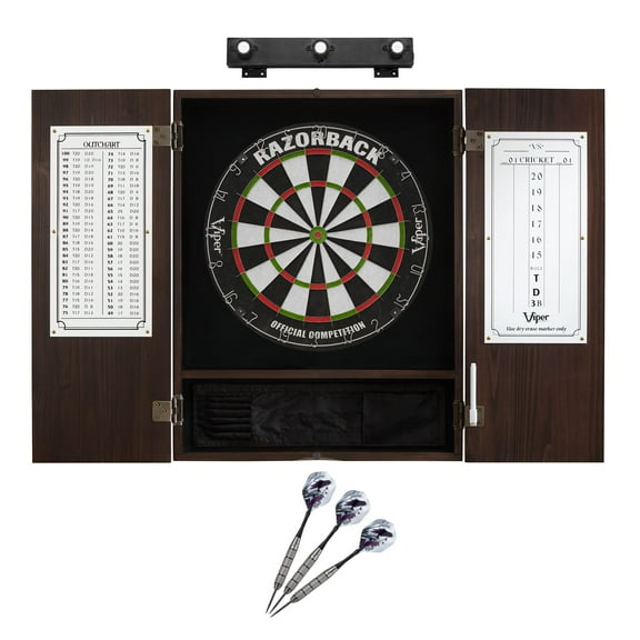 Viper Razorback Sisal Dartboard, Metropolitan Espresso Cabinet, Underground The Raven Steel Tip Darts & Shadow Buster Dartboard Lights