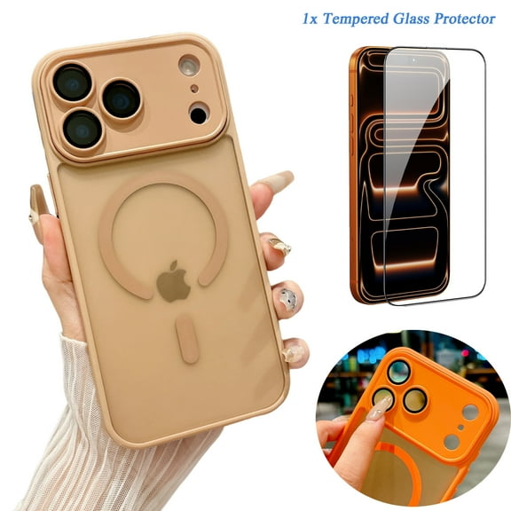 Decase Translucent Magnetic Case for iPhone 17 Pro Max Matte Shockproof Case Tempered Glass Screen Protector Slim Case Bulit in Lens Protector,Desertgold
