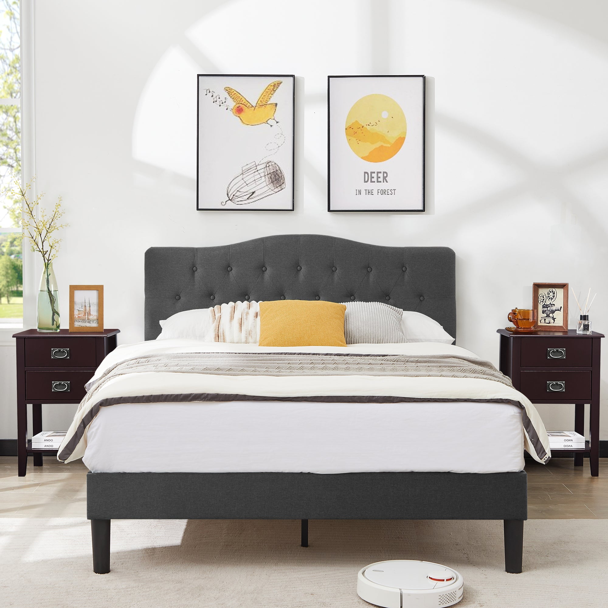 VECELO 3-Piece Bedroom Sets with Full Upholstered Bed Frame and 2 Brown ...