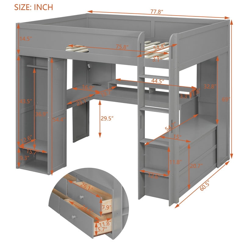Full Versatile Loft Bed with L-Shaped Desk, LED Light Strip & Charging Station, Storage Kids Bed Frame with Drawers & Wardrobe