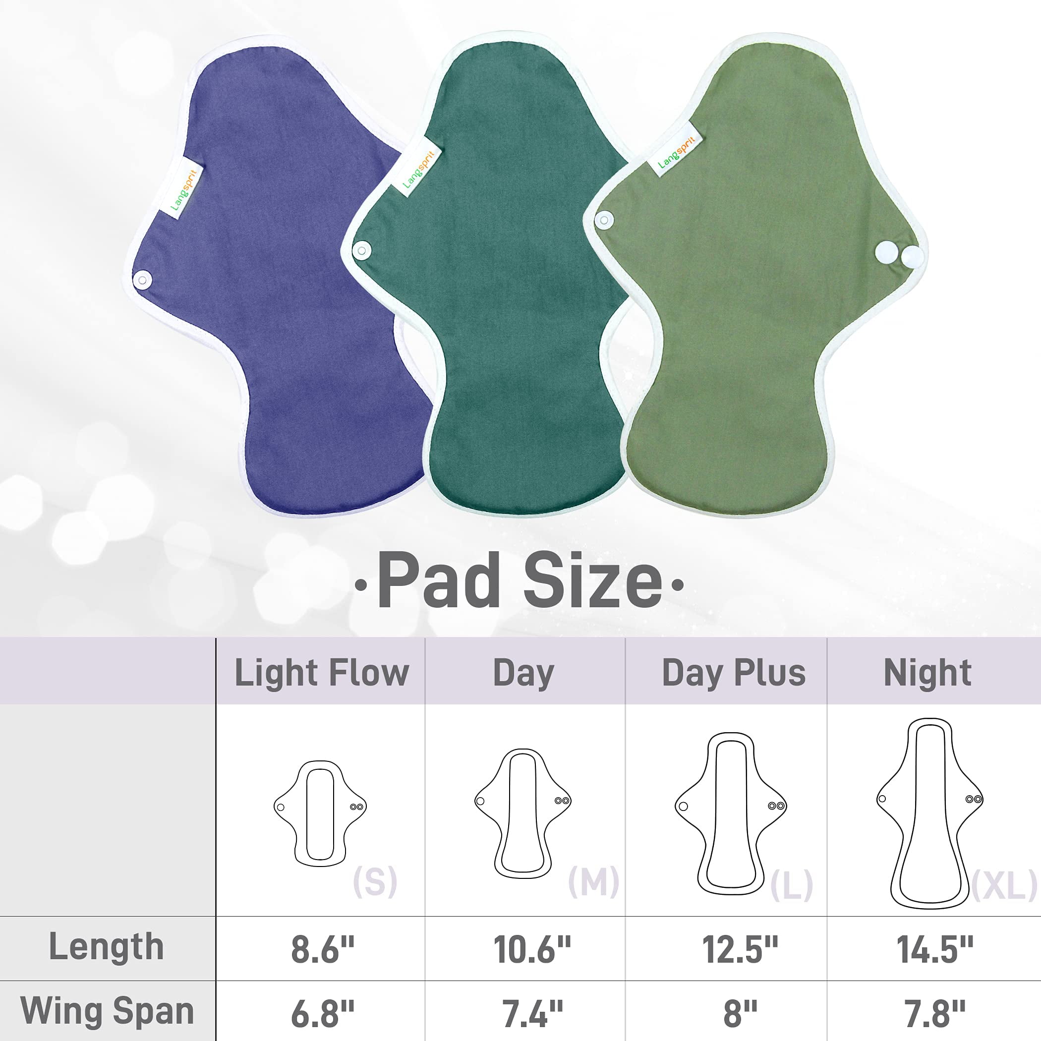 Langsprit Reusable Sanitary Pads for Women, Set of 6 with Mini Wet Bag Feminine Pads, Washable Cloth Menstrual Pads, Avocado Green, Large