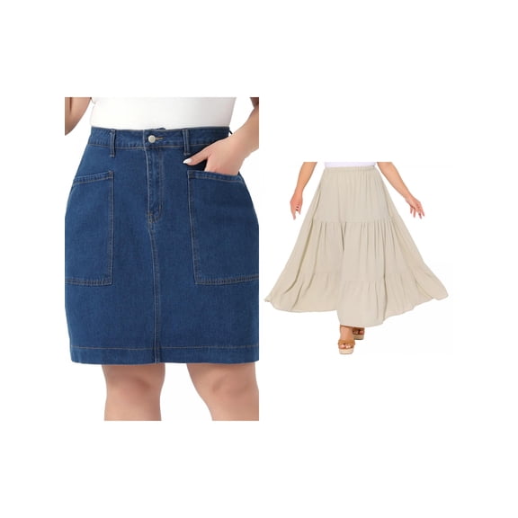 NOMADIC NOOK Women's Plus Size Two Pieces Denim Pencil Skirts and Swing Skirt High Waist Work Casual Summer Midi Jean Skirt with Pockets 1X Beige/Blue