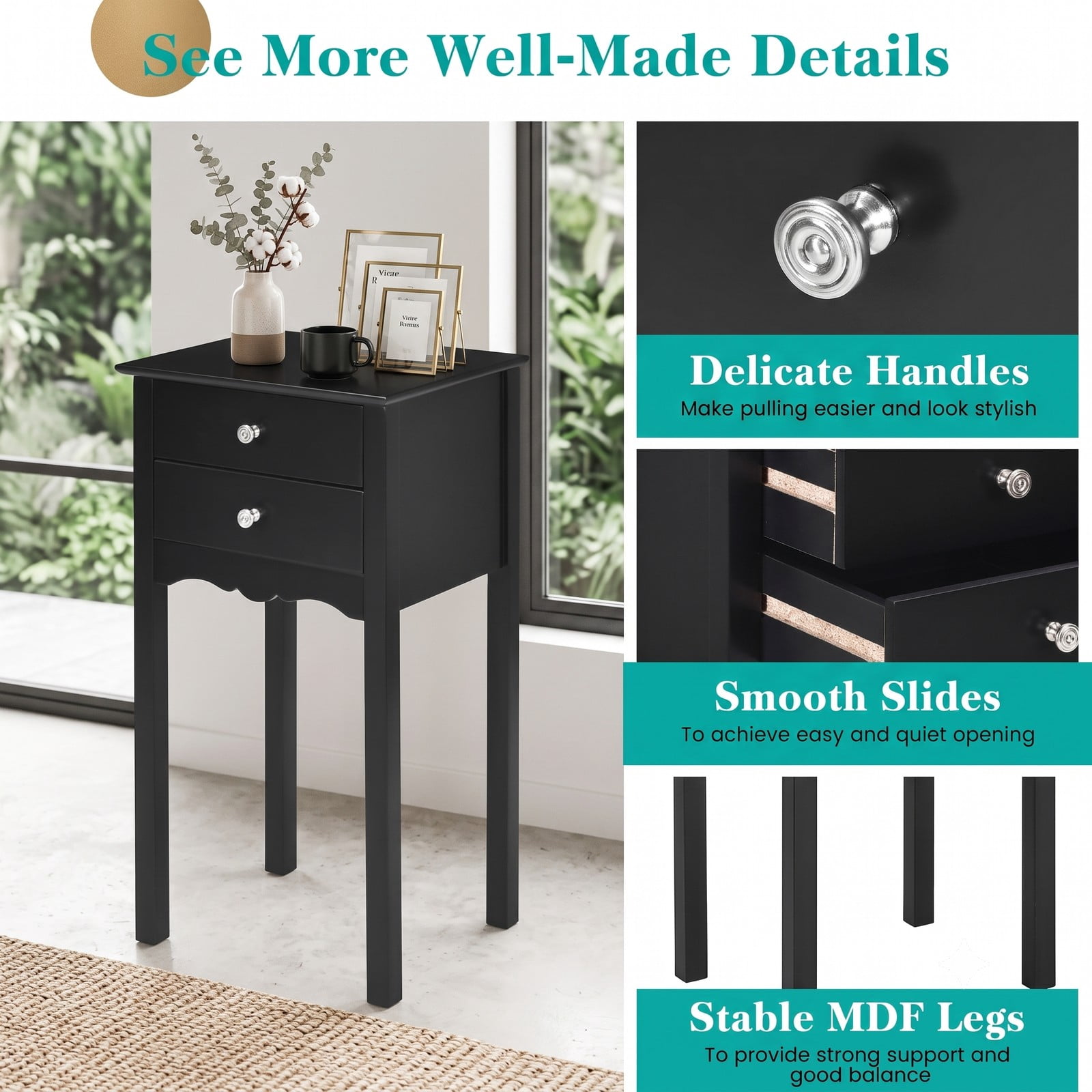 Furnibear 2-Drawer End Table, Vintage MDF Side Accent Table with Metal Handles, High Gloss Nightstand Bedside Storage Table for Bedroom Living Room Dorm, Black