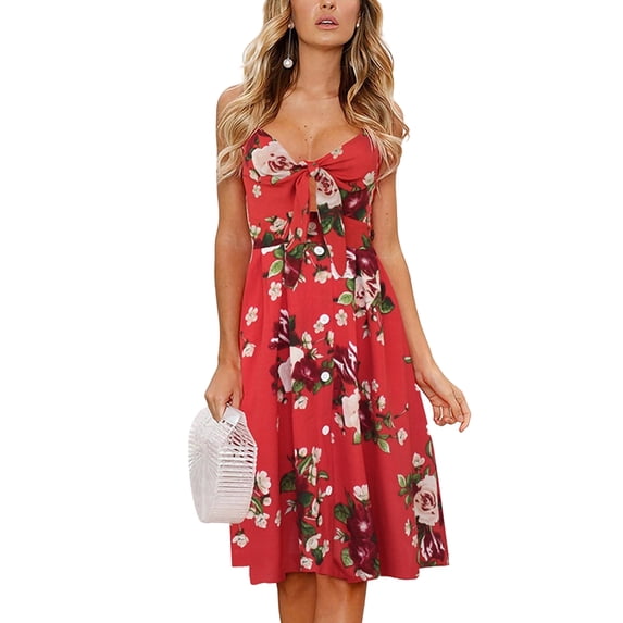 Uhndy Boho V Neck Sundress Womens Dresses Summer Casual Spaghetti Strap Floral Button Down Swing Midi Dress Holiday Beachwear