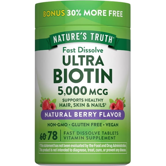 Ultra Biotin 5000mcg | 78 Fast Dissolve Tablets | Hair Skin, Nails | Berry Flavor | by Nature's Truth