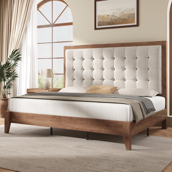 Merluxy King Bed Frame, Wood Platform Bed with Upholstered Headboard, Walnut