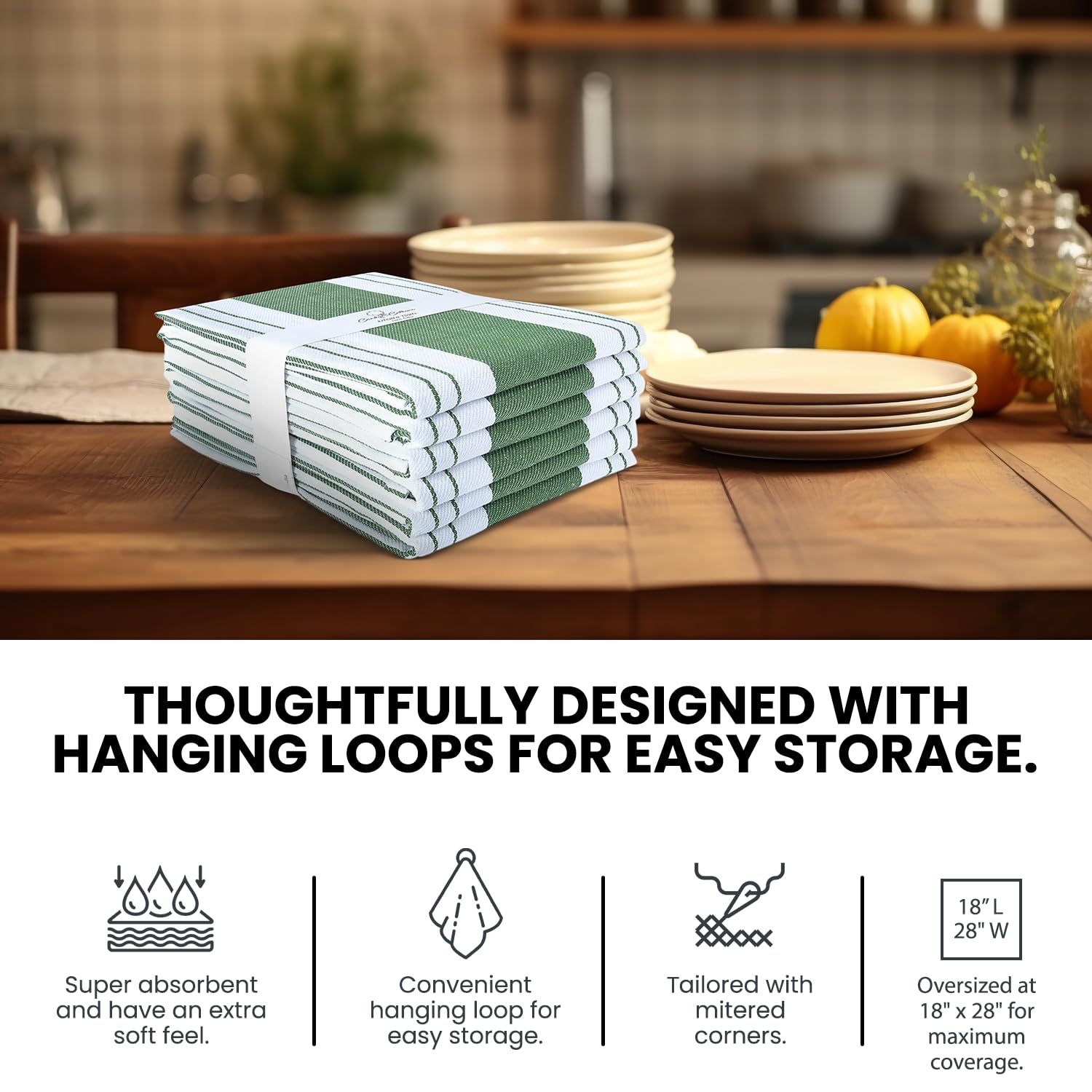 Candy Cottons Stripe Kitchen Towels Decor Mordern Design Centreband Tea Dish Towels Boho Stripe Absorbent Festive Gift Set of 6 Pantry Reusable Kitchen Dish Towel|Easter Spring Decor 18x28 In Green