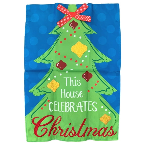 This House Celebrates Christmas Holiday Garden Applique Flag 18x12.5 Inch