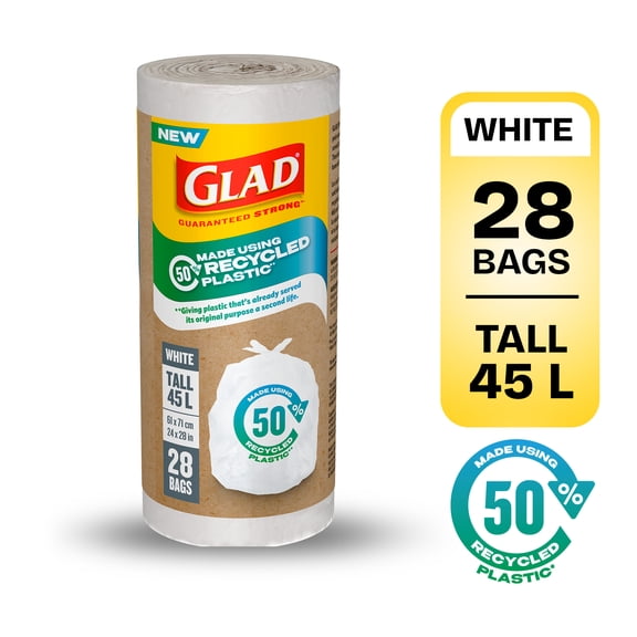 Glad White Garbage Bags - Tall 45 Litres - Made using 50% Recycled Plastic, 28 Trash Bags