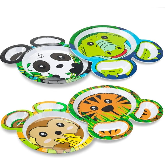 Bentology Zoo Friends Mealtime Melamine Feeding Plates - Set of 4 Different Cute Animal Pal Dishes for Kids - Panda, Alligator, Tiger & Monkey - Divided Compartments, BPA Free